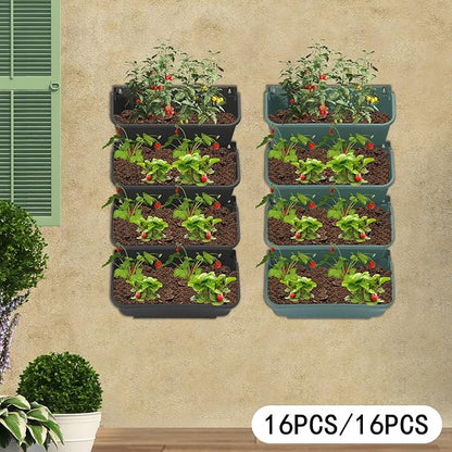 Wall-Mounted Vertical Wall Planter 16 Pack Stackable Wall Planter Indoor Outdoor, Garden Self Watering Wall-Mounted Plastic Planter Plant Flower Pot Holder for Vegetable Fruit Herb