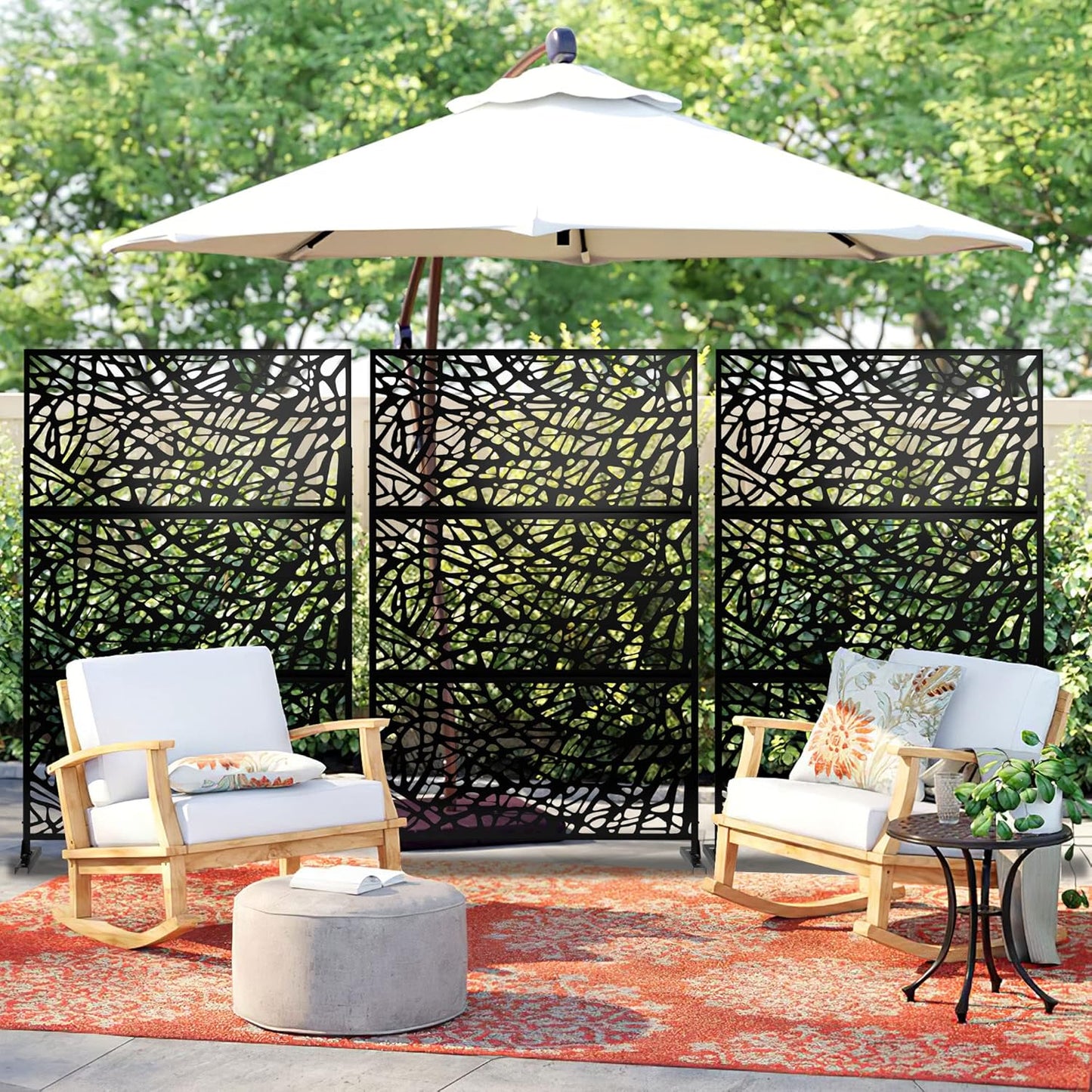 Metal Privacy Screen Outdoor 72" H×47" W,Freestanding Decorative Privacy Screen for Balcony Yard&Garden,Privacy Fence-Black&Net