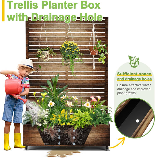 FENCY Metal Raised Garden Bed with Wheels and Trellis,73"x47"x16" Planter Box for Climbing Plants, Vegetables & Vines, Features Privacy Screen and Drainage Holes (Vintage Wood Color)