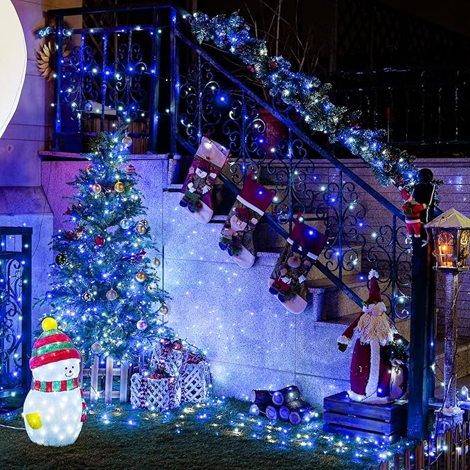 JMEXSUSS 2 Pack Blue & White Solar String Lights, Each 100 LED 33ft, Waterproof, 8 Modes for Outside Garden Patio Party Decoration