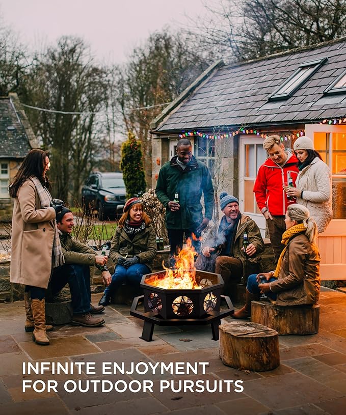 26 inch Fire Pit, Outdoor Fire Pit with Fire Poker, Octagonal Firepits for Outside Fire Pits & Outdoor Fireplaces Heavy Duty Steel Wood Burning Firepit for Bonfire, Camping, Backyard, Patio, Picnic