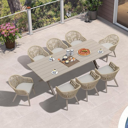 PURPLE LEAF 9 Piece Longer Patio Dining Set with Outdoor Aluminium Dining Table and Woven Chairs Modern Metal Furniture Cushions Sets for Garden Yard Indoor Decor Kitchen Champagne