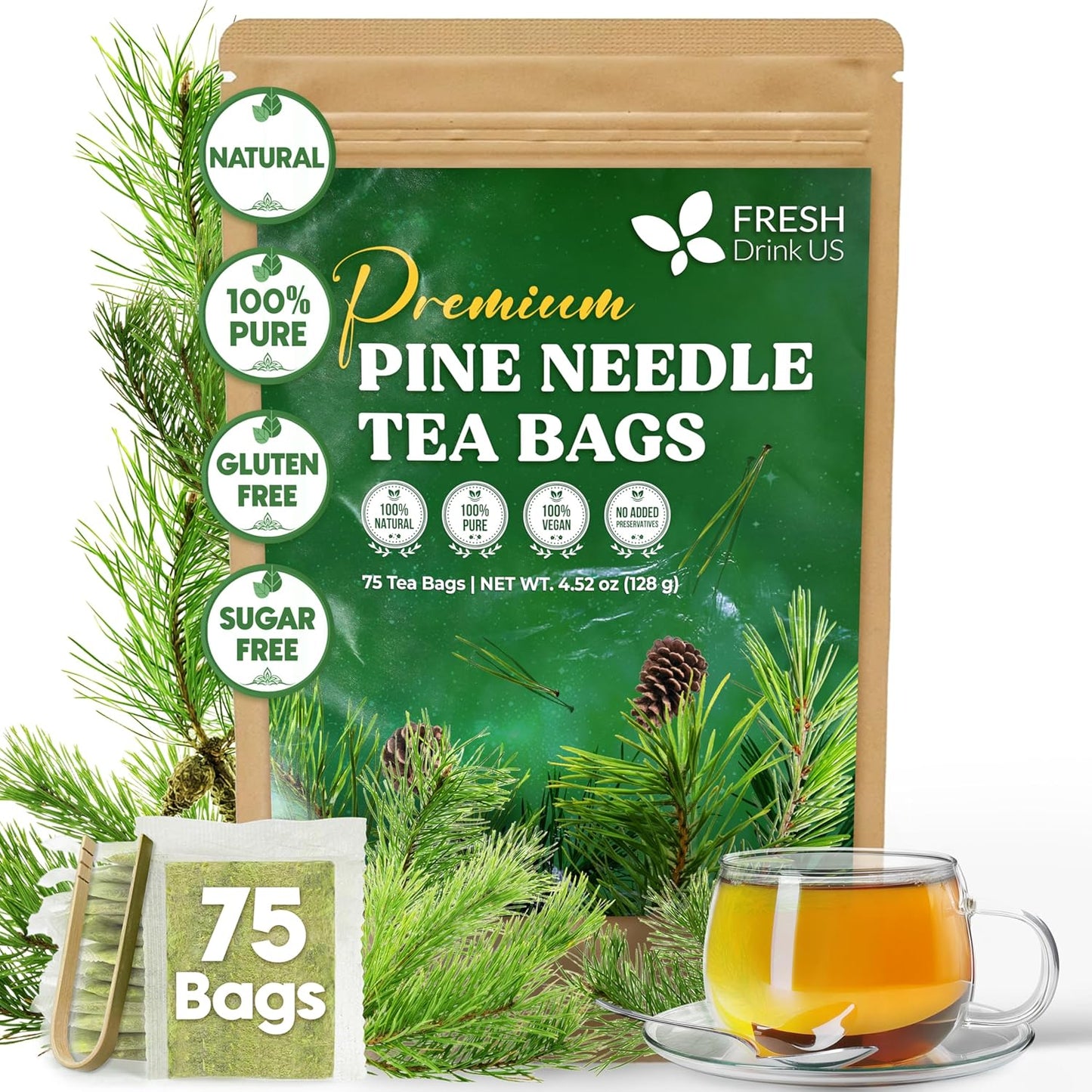 FreshDrinkUS, Pine Needle Tea Bags – 75 Tea Bags, Naturally Caffeine-Free, Refreshing Herbal Tea, Wild-Harvested Pine Leaves, Aromatic and Soothing – Non-GMO & Eco-Friendly Packaging