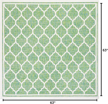 Eyely BMS109I-5SQ Santa Monica Trebol Moroccan Trellis Textured Weave Indoor/Outdoor Area Rug Coastal;Bohemian, Bedroom, Backyard, Patio, Easy-Cleaning, Non-Shedding, 5' Square, Cream/Green