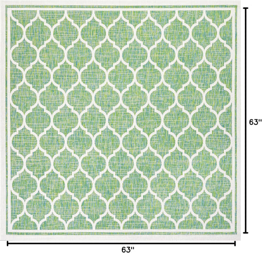 Eyely BMS109I-5SQ Santa Monica Trebol Moroccan Trellis Textured Weave Indoor/Outdoor Area Rug Coastal;Bohemian, Bedroom, Backyard, Patio, Easy-Cleaning, Non-Shedding, 5' Square, Cream/Green