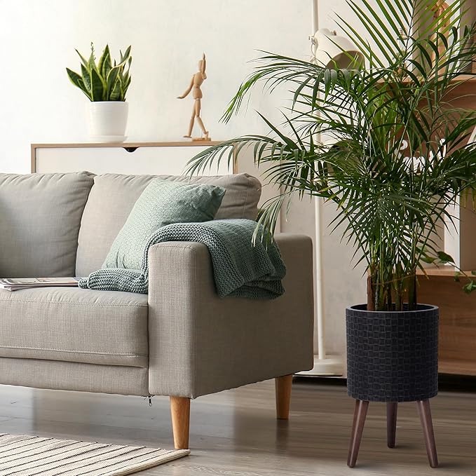 D'vine Dev 10 Inch Modern Geometric Tile Patterned Sleek Planter Pot with Stand, Indoor Outdoor Decorative Plant Holder, Distressed Black, 88-Z-B-5