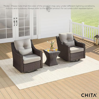 CHITA 3 Pieces Wicker Patio Bistro Set, Outdoor Furniture Set with 2 Pieces Rattan Rocking Swivel Chairs, Thickened Cushions and Side Table