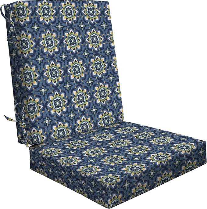 Honeycomb Outdoor Highback, 21 x 42, Medina Medallion Blue Chair Cushion for Patio Furniture