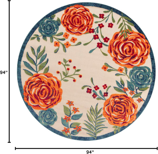 Nourison Home Aloha Indoor/Outdoor Ivory Multicolor 7'10" x Round Area Rug, Easy-Cleaning, Non Shedding, Bed Room, Living Room, Dining Room, Backyard, Deck, Patio (8 Round)