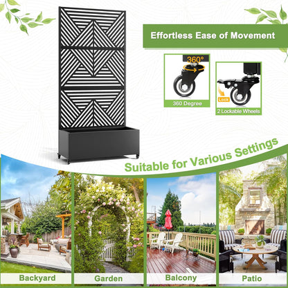 FENCY Metal Raised Garden Bed with Wheels and Trellis,73"x35"x16" Planter Box for Climbing Plants, Vegetables & Vines, Features Privacy Screen and Drainage Holes (Black-Modern)