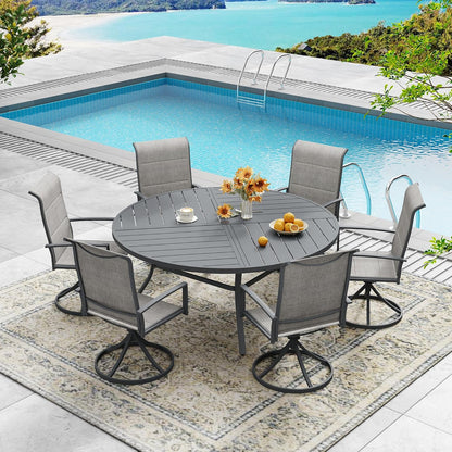 DIFY 53.1" Round Outdoor Patio Dining Table for 6-8, All-Weather Metal Steel Slatted Patio Table with 1.57" Adjustable Umbrella Hole, for Lawn Garden Porch Backyard, Grey