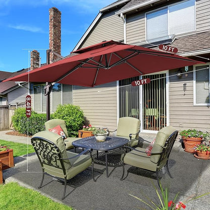 10x10 FT Cantilever Patio Umbrella with Base Included Double Top Outdoor Square Large Heavy Duty Aluminum Offset Umbrellas with 7 Level Tilt 360-degree Rotation for Pool Garden Deck,Wine Red
