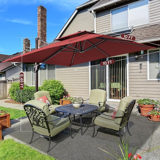 10x10 FT Cantilever Patio Umbrella Double Top Outdoor Square Large Heavy Duty Aluminum Offset Umbrellas with 7 Level Tilt 360-degree Rotation for Pool Garden Deck, Wine Red