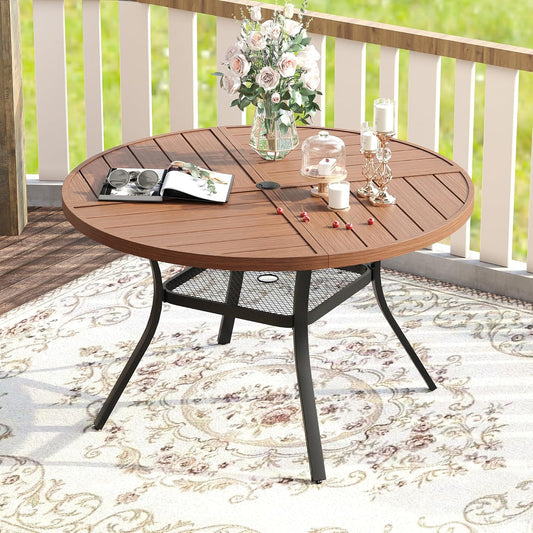VICLLAX Round Patio Table with Adjustable Umbrella Hole for 4, All Weather Metal Outdoor Dining Table for Lawn Garden, 40.6" Outdoor Coffee Table, Walnut Wood-Like Tabletop