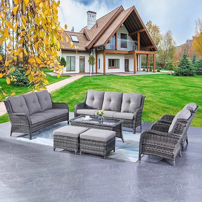Rilyson Wicker Patio Furniture Sofa Set - 7 Piece Rattan Outdoor Patio Sectional Conversation Sets with 2 Sofa,2 Armrest Chairs,1 Coffee Table and 2 Ottomans for Porch Deck Garden(Mixed Grey/Grey)