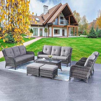 Rilyson Wicker Patio Furniture Sofa Set - 7 Piece Rattan Outdoor Patio Sectional Conversation Sets with 2 Sofa,2 Armrest Chairs,1 Coffee Table and 2 Ottomans for Porch Deck Garden(Mixed Grey/Grey)