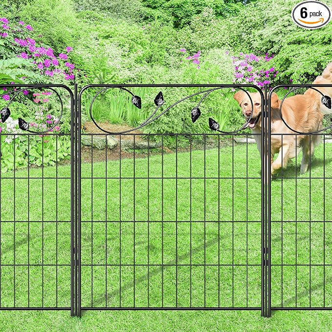 Decorative Outdoor Garden Fence 30in(H) X12ft(L) 6 Panels+7 Stakes Leaf Black Metal Garden Fencing for Landscape Lawn Patio, Temporary Animal Barrier Fences for Dogs
