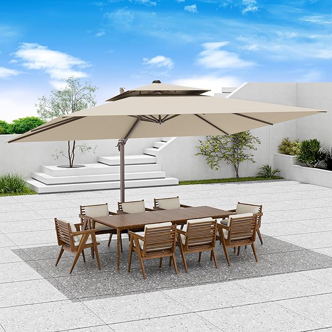 9x12 FT Patio Umbrella, Large Cantilever Rectangular Double Top Heavy Duty Offset Umbrellas with 360° Rotation, Outdoor shade for Garden Deck Pool, Beige