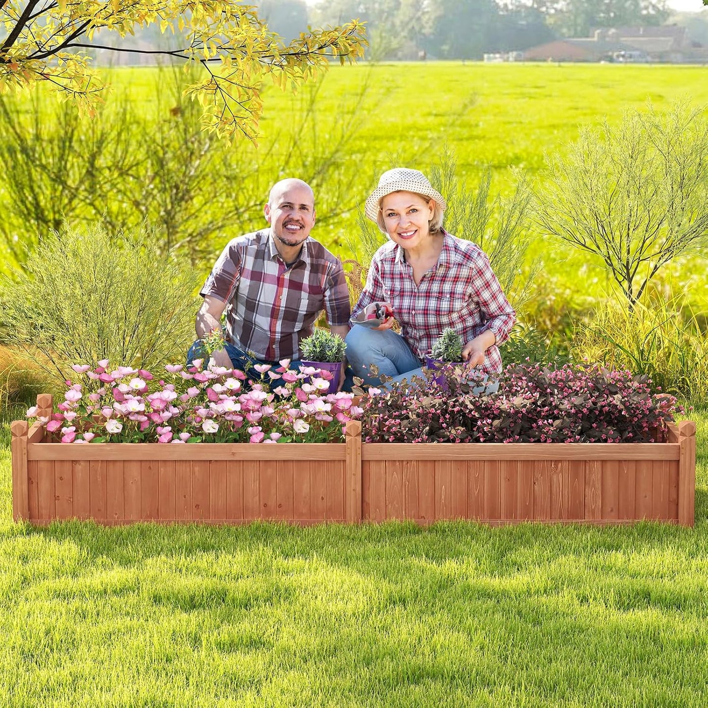 Giantex Wood Raised Garden Bed, Planting Bed with Corner Drainage, Non-Woven Liner for Growing Vegetables, Flowers, Herbs, Fruits, 89”x23.5”x16” Divisible Planter Box for Backyard, Garden, Lawn