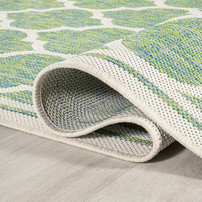 Eyely BMS109I-5SQ Santa Monica Trebol Moroccan Trellis Textured Weave Indoor/Outdoor Area Rug Coastal;Bohemian, Bedroom, Backyard, Patio, Easy-Cleaning, Non-Shedding, 5' Square, Cream/Green