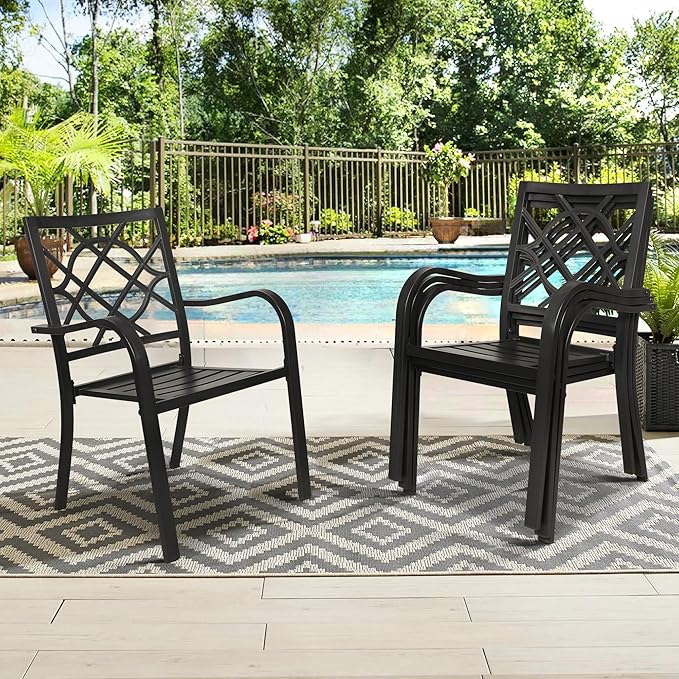 Incbruce 300lbs Patio Chairs Set of 4 Outdoor Dining Chairs, Metal Frame Stackable Patio Dining Chairs, Wrought Iron Black Outdoor Chair with Armrest for Garden, Poolside, Backyard