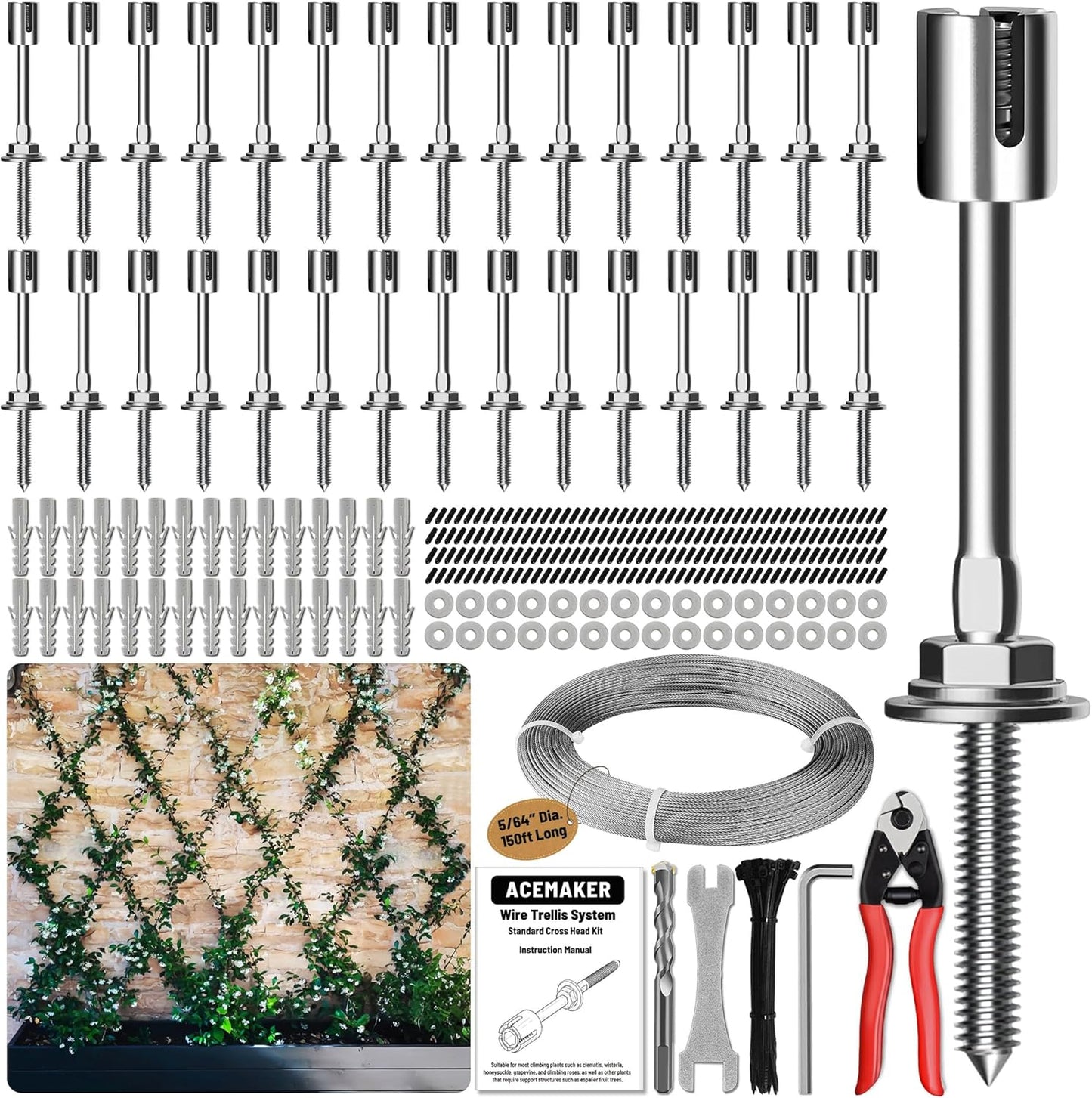 Wire Trellis for Climbing Plants Outdoor, 30-Set Wall Wire Trellis Kit with 5/64"(2mm) x 150ft Stainless Steel Cable & Cutter, T316 Espalier System for Fence and Garden DIY Projects