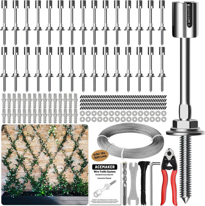 Wire Trellis for Climbing Plants Outdoor, 30-Set Wall Wire Trellis Kit with 5/64"(2mm) x 150ft Stainless Steel Cable & Cutter, T316 Espalier System for Fence and Garden DIY Projects