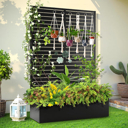 Trellis for Climbing Plants Outdoor，Mental Garden Bed with Drainage Holes Outdoor Privacy Screen Design Tall planters for herb Flower Vegetables 73"x47"x16", Black-Louvered