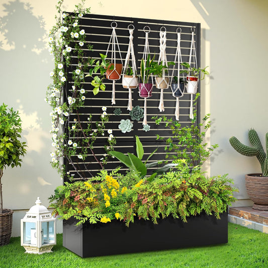 Trellis for Climbing Plants Outdoor，Mental Garden Bed with Drainage Holes Outdoor Privacy Screen Design Tall planters for herb Flower Vegetables 73"x47"x16", Black-Louvered
