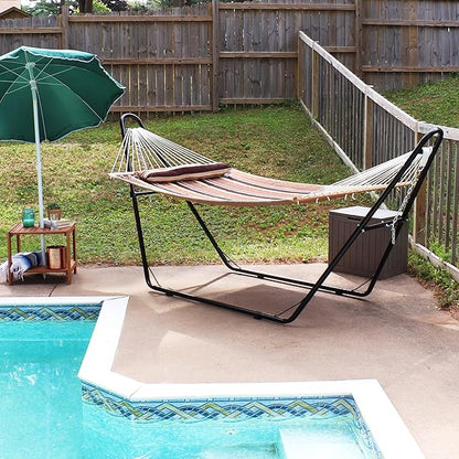 Sunnydaze Double Quilted Fabric Hammock with Universal Steel Stand - 450-Pound Capacity - Black Stand - Sandy Beach