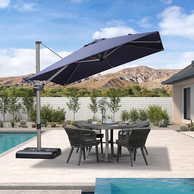 PURPLE LEAF 9' X 9' Patio Umbrella Outdoor Cantilever Umbrella, Aluminum Offset Umbrella with Champagne Frame and 360° Rotation for Pool Deck Garden, Navy Blue