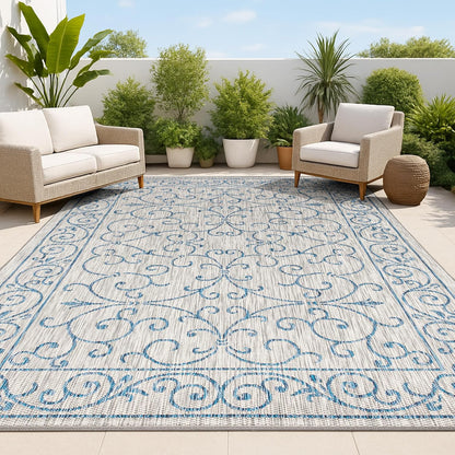 JONATHAN Y SMB106C-8 Charleston Vintage Filigree Textured Weave Indoor/Outdoor Gray/Navy 8 ft. x 10 ft. Area Rug, Classic,Easy Cleaning,HighTraffic,LivingRoom,Backyard, Non Shedding