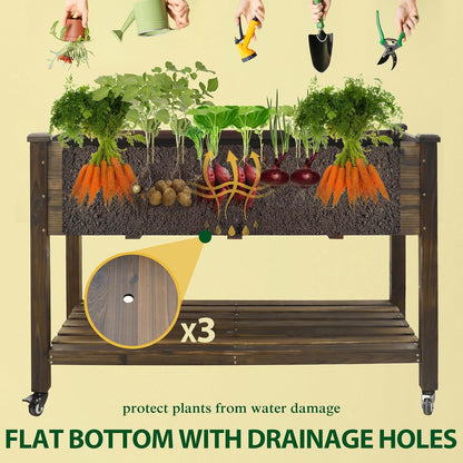 MUPATER 4x2FT Raised Garden Bed, Planter Box with Four Wheels and Legs for Herbs and Vegetables, Elevated Garden Bed with Drainage Holes for Outdoor Indoor, Rustic