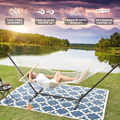 Lazy Daze Hammocks Double Outdoor Hammock with 12 ft Steel Stand, 2 Person Cotton Rope Hammock with Quilted Pad and Detachable Pillow, Spreader Bars, Mag Bag & Cup Holder, Blue Ocean Stripe