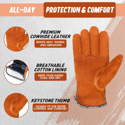 HLDD HANDLANDY Leather Work Gloves for Men & Women, Adjustable Wrist Cowhide Gardening Glove with Reinforced Palm for Driver