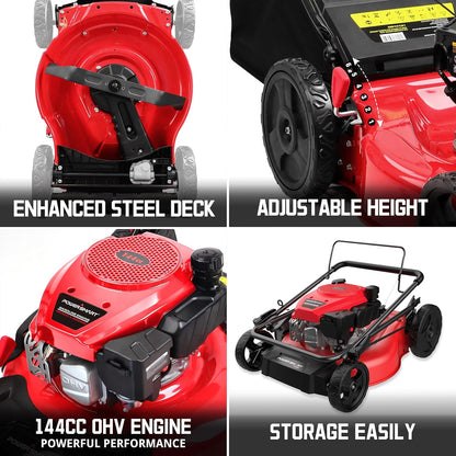 PowerSmart 21-Inch 144cc Gas Push Lawn Mower & 16-Inch 25.4cc String Trimmer/Edger with 10-Inch Brush Cutter for Grass Cutting