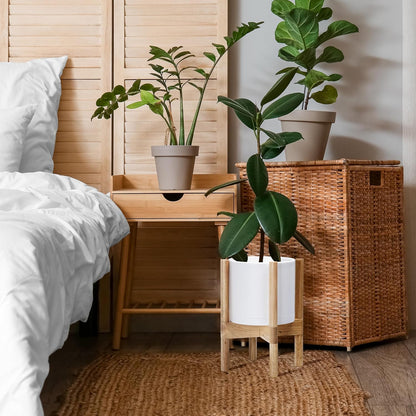 D'vine Dev Planter Pot with Stand - 8 Inch Plastic Cylinder Flower Pot with Wood Planter Holder for Indoor, Matte White Pot + Natural Stand, 55-C-J-1