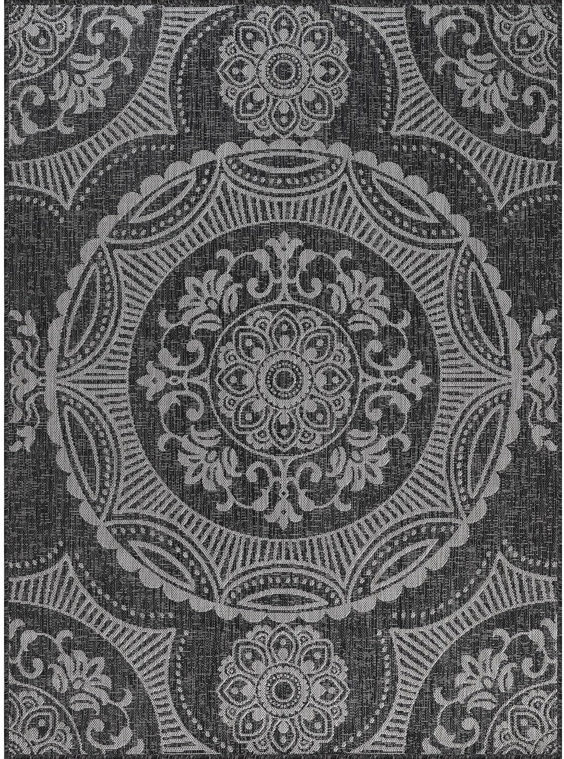 Medallion Outdoor Rug 10x14 Washable Outside Carpet for Indoor Patio Porch Waterproof Easy Cleaning Non Shedding Area Rugs Dark Gray 10 x 14