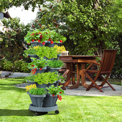 Strawberry Vertical Planters, 5 Tiered Stacking Tower Garden, Stackable Herb Vegetable Planters with Movable Casters and Bottom Saucer Indoor and Outdoor - Dark Grey