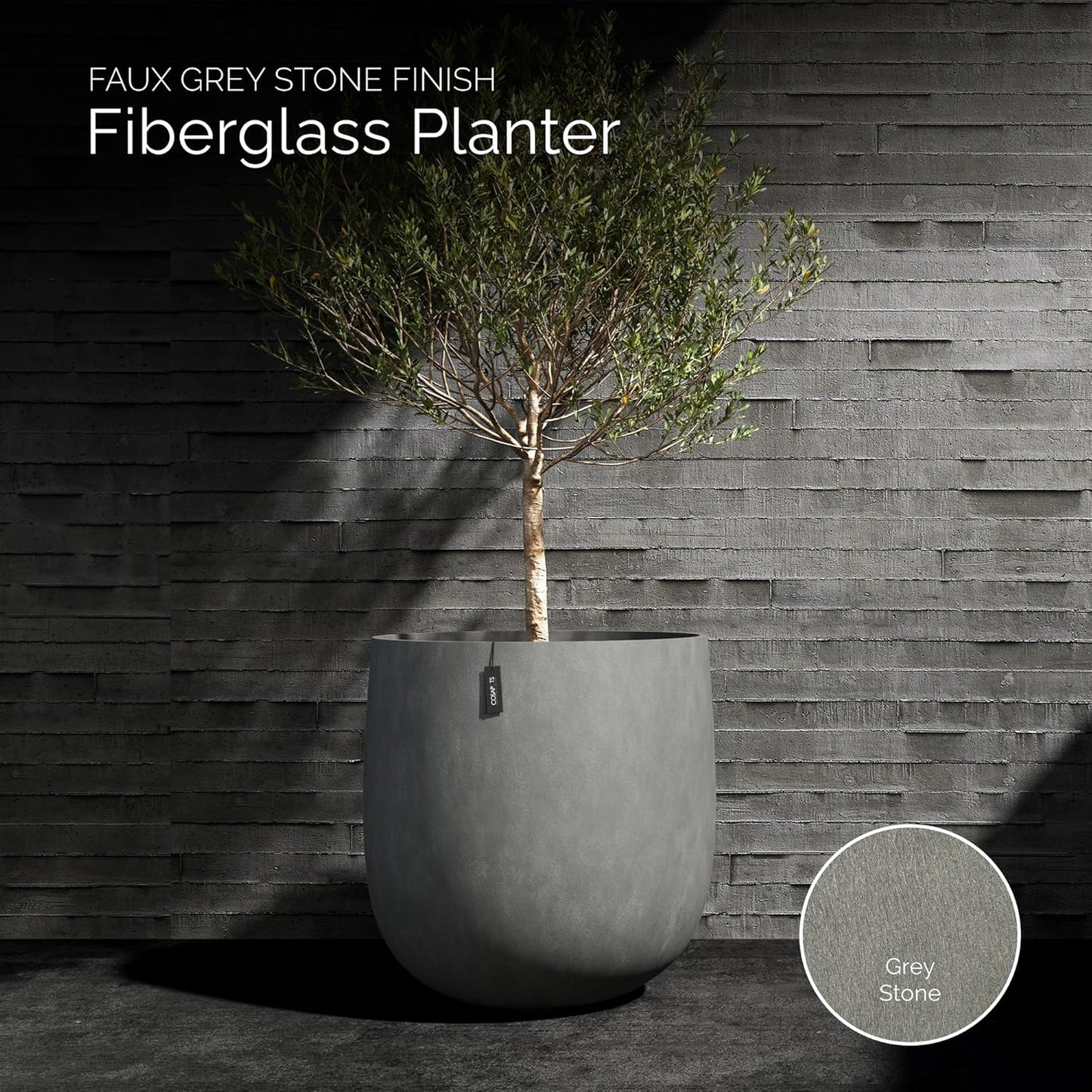 Mondo Large Planter – Grey Stone Finish – Fiberglass Indoor/Outdoor and Weather-Resistant Round Planter (33" D x 31.3" H Exterior, 31.5" D x 30.7" H Interior)