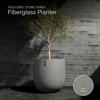 Mondo Large Planter – Grey Stone Finish – Fiberglass Indoor/Outdoor and Weather-Resistant Round Planter (26" D x 24.6" H Exterior, 24.6" D x 24" H Interior)