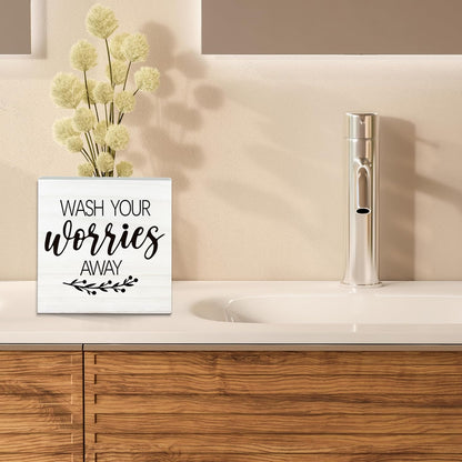 Wash Your Worries Away Wooden Sign - Funny White Block Plaque Desk Decoration-5x5 inches Inspirational Wood Block Gifts For Friends Family-Laundry Room Restroom Bathroom Tabletop Favors & Supplies-A01