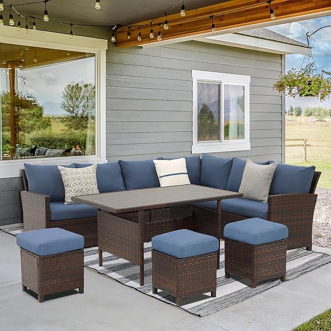 Wisteria Lane Outdoor Patio Furniture Set, 7 Piece Outdoor Dining Sectional Sofa with Dining Table and Chair, All Weather Wicker Conversation Set with Ottoman,Blue