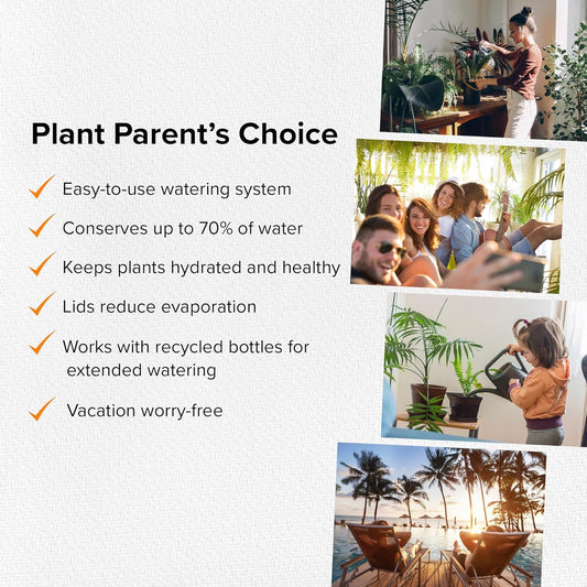 Plant Watering Spikes with Lids - Ideal for 5”-9” Pots - Vacation Friendly - Terracotta - Medium - Set of 4