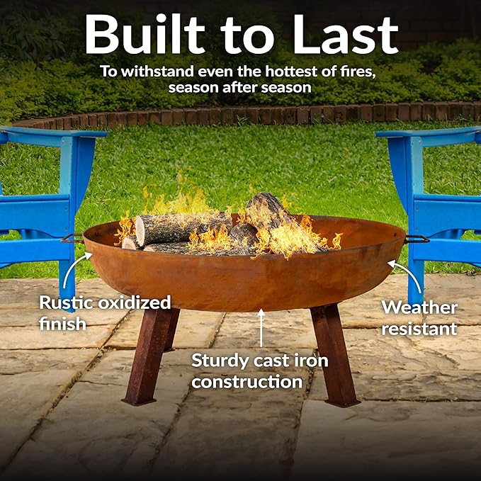 Sunnydaze 34-Inch Cast Iron Heavy-Duty Fire Pit for Outside - Wood-Burning Outdoor Fire Pit Bowl with Handles - Oxidized Finish
