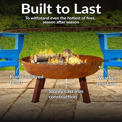 Sunnydaze 34-Inch Cast Iron Heavy-Duty Fire Pit for Outside - Wood-Burning Outdoor Fire Pit Bowl with Handles - Oxidized Finish