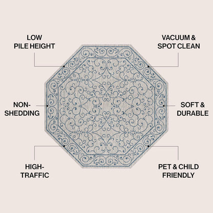 JONATHAN Y SMB106C-5TGN Charleston Vintage Filigree Textured Weave Gray/Navy 5' Octagon Indoor/Outdoor Area Rug, Non-Shedding, Stain Resistant,Fade Resistant, Easy-Cleaning for Backyard Patio, Porch