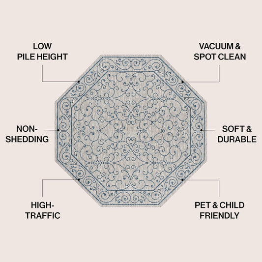 JONATHAN Y SMB106C-5TGN Charleston Vintage Filigree Textured Weave Gray/Navy 5' Octagon Indoor/Outdoor Area Rug, Non-Shedding, Stain Resistant,Fade Resistant, Easy-Cleaning for Backyard Patio, Porch