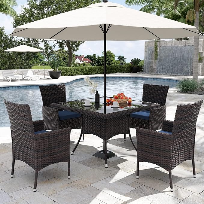 Kurapika 15-Piece Patio Furniture Outdoor Dining Set, Rattan Wicker Patio Dining Table and Chairs Set, Square Tempered Glass Tabletop with Umbrella Hole and 12 Chair Set, Blue