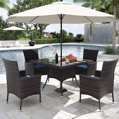 Kurapika 15-Piece Patio Furniture Outdoor Dining Set, Rattan Wicker Patio Dining Table and Chairs Set, Square Tempered Glass Tabletop with Umbrella Hole and 12 Chair Set, Blue
